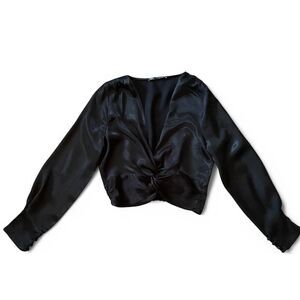 Zara Women's Long Sleeve Black Satin Twist Front Top Size S Excellent Condition